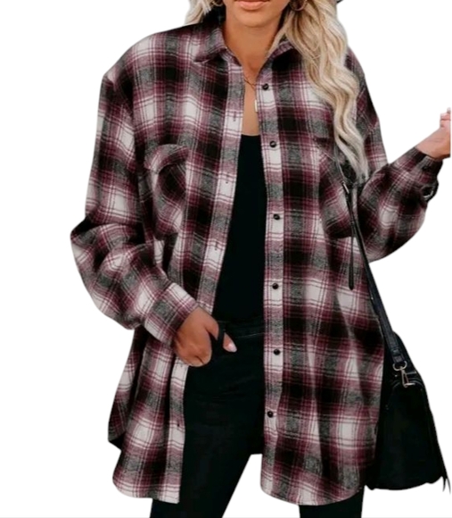 Women Long Sleeve Shirt Button Down Plaid Loose Casual Flannel - Picture 2 of 14